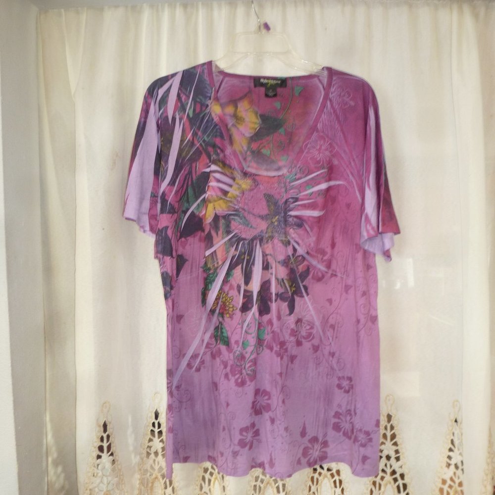 Style & Co  Raglan style  Short Sleeve Knit  Top w/ front jewerly decor Size1X